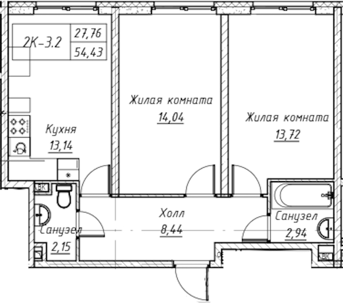 2-комнатная квартира 54.78 м², 5/14 эт., Комплекс апартаментов «Zoom на Неве»